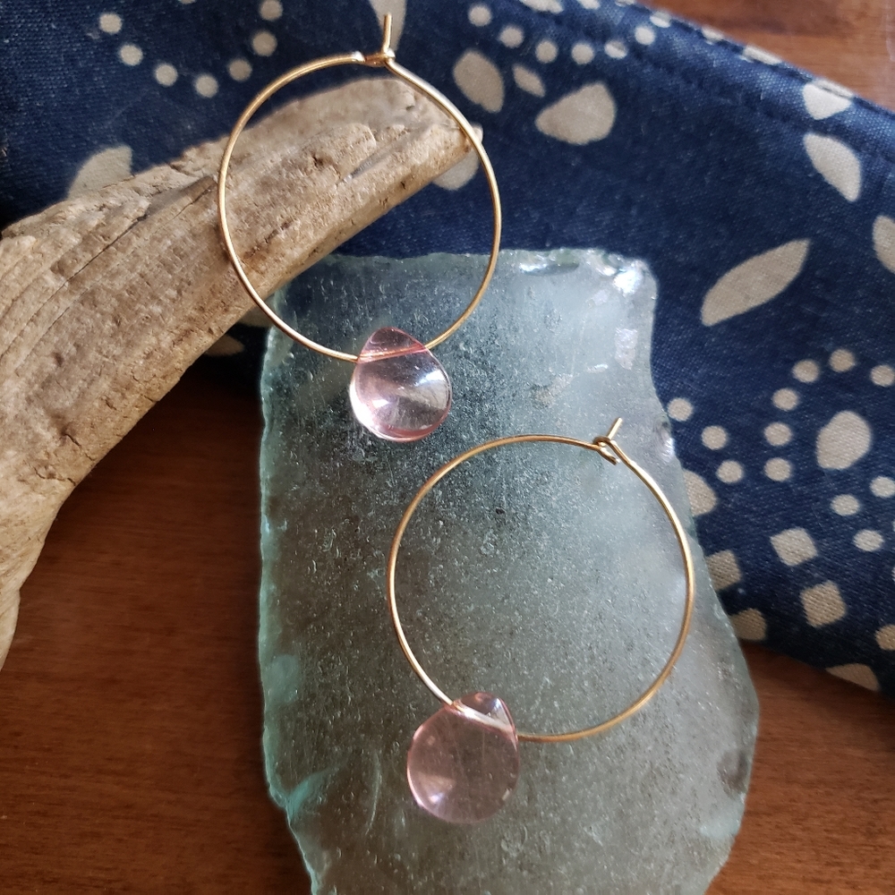 Pink Czech Glass Teardrops on Hoops